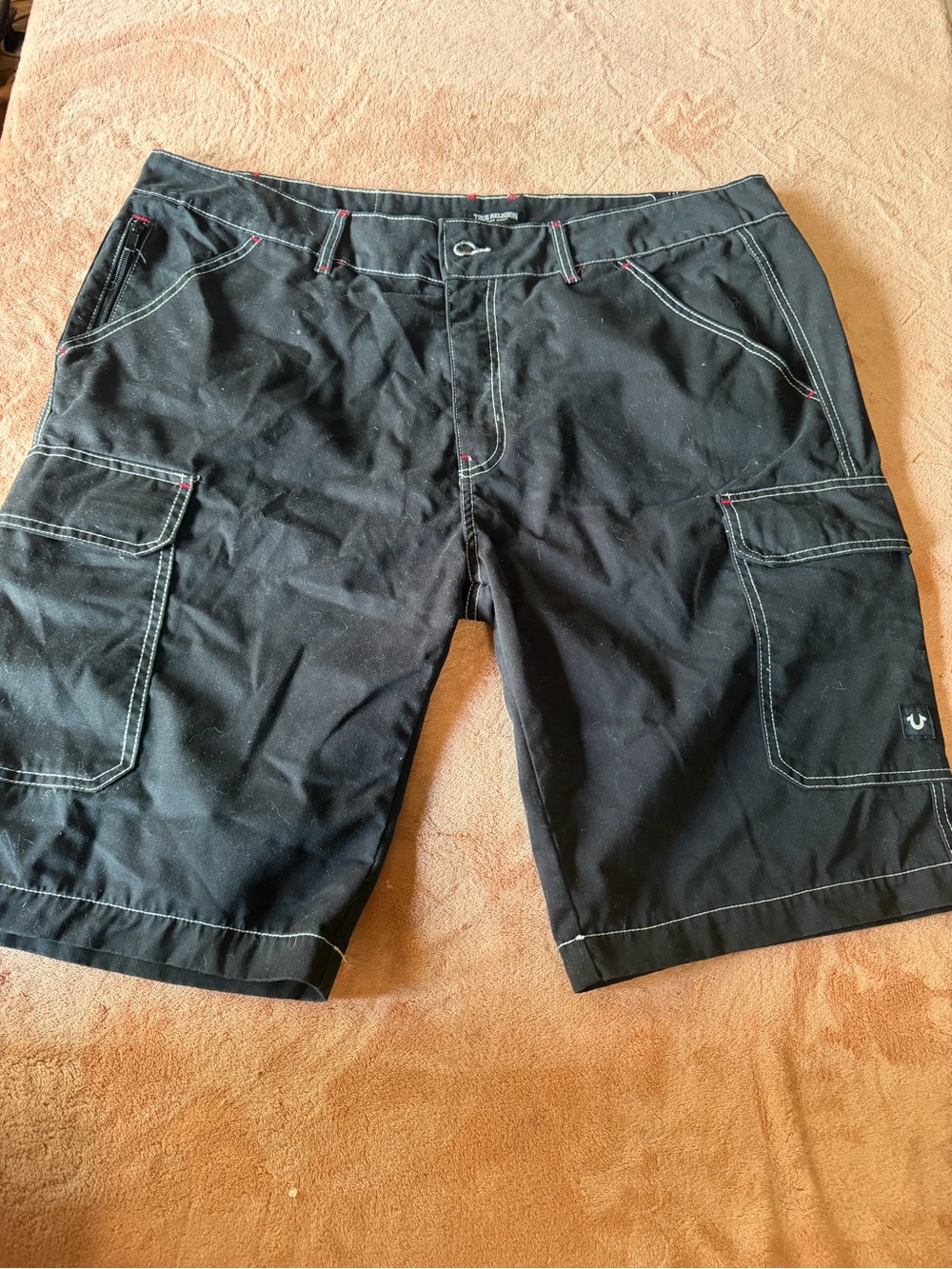 True Religion Black Cargo Shorts with Contrast Stitching